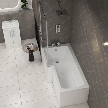 Modern Qubix 1700 x 850mm Left Hand L Shaped Shower Bath tub with Front, End Panel & Shower Fixed Screen