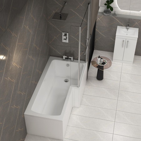 Qubix 1500/1600/1700mm Right Hand L-Shaped Shower Bath tub with Pivot Shower Screen & Front Bath Panel