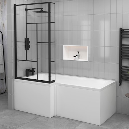 Modern Qubix L-Shaped Shower Bath tub with Abstract Grid Matt Black Framed Screen In Multiple Bath Sizes