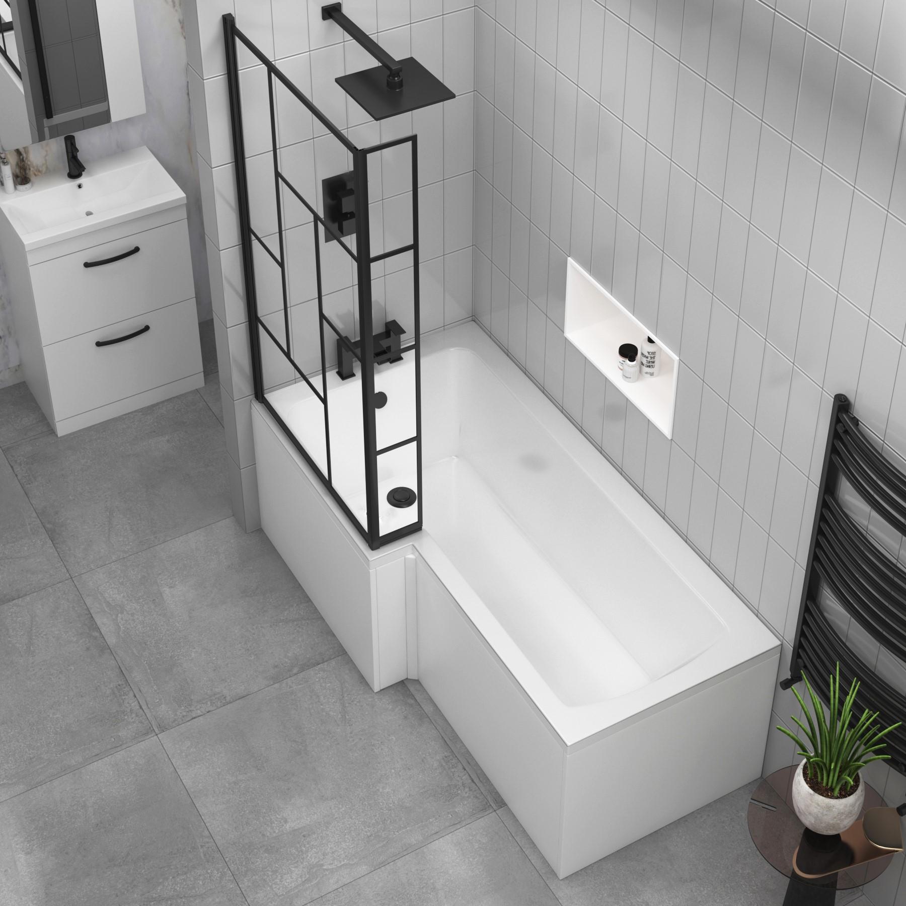Qubix L-Shaped Shower Bath tub with Abstract Grid Black Framed Screen In Multiple Sizes - Optional Panel