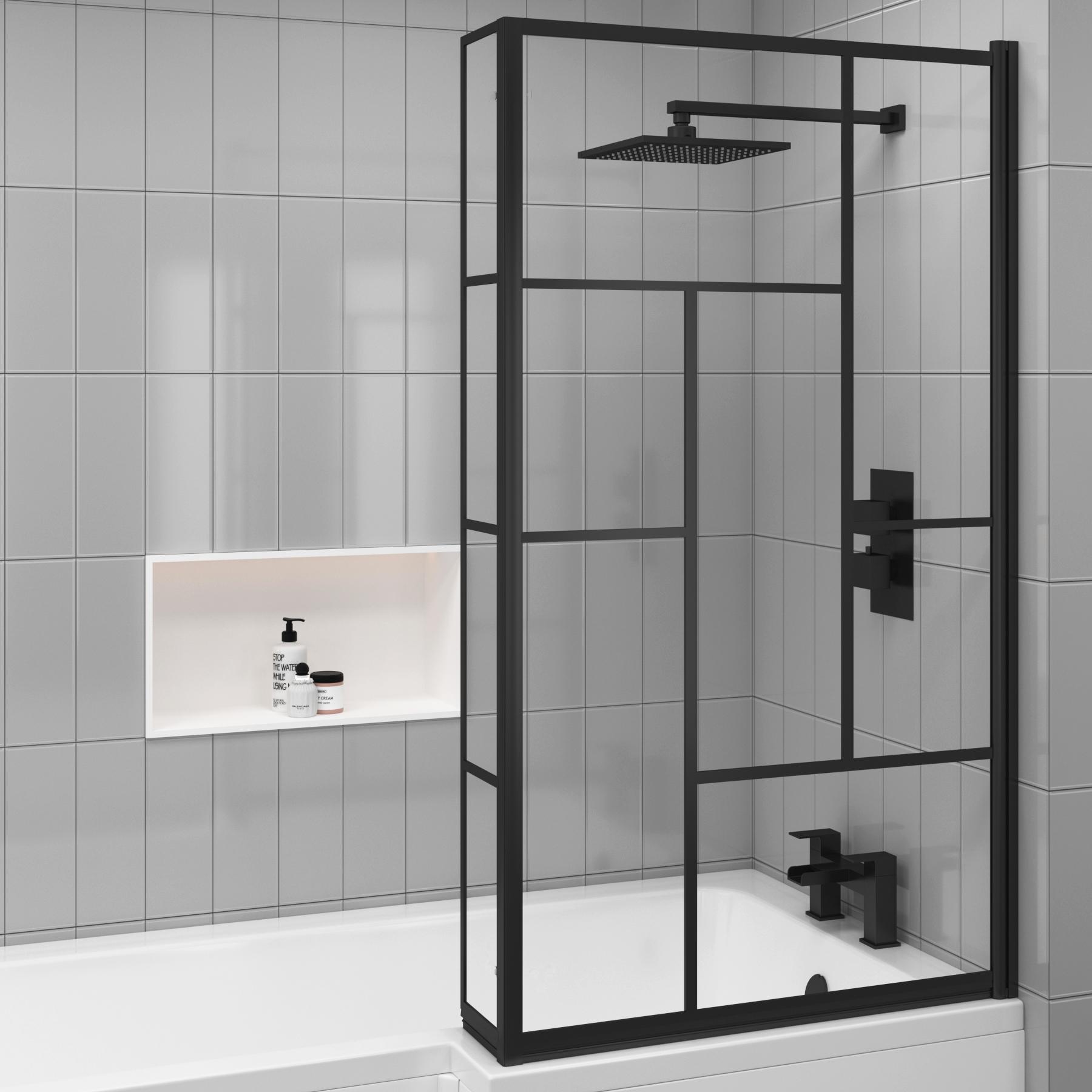 Qubix 1700 x 850mm Right Hand L Shaped Shower Bath tub with Abstract Grid Black Framed Screen & Front Bath Panel