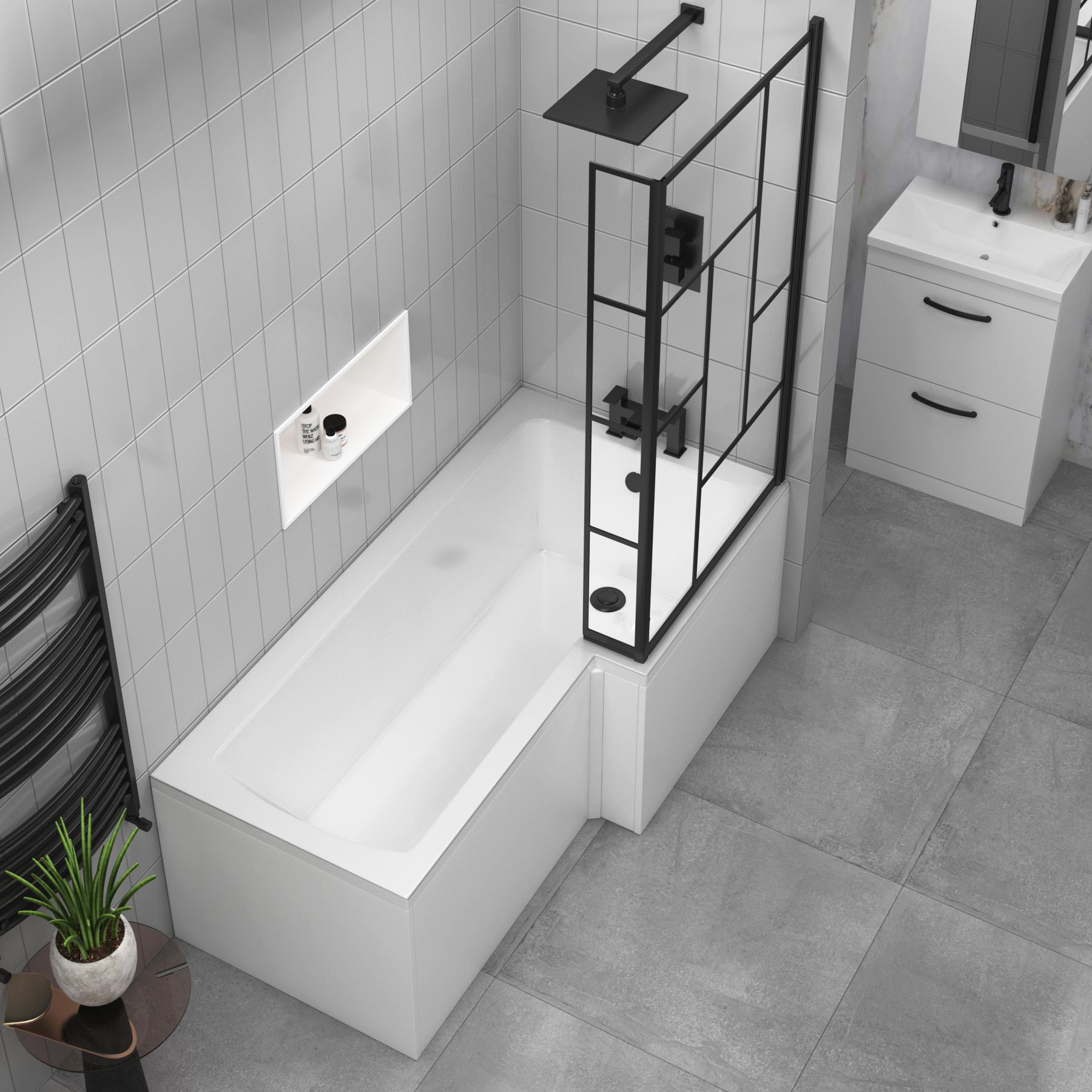 Qubix L-Shaped Shower Bath tub with Abstract Grid Black Framed Screen In Multiple Sizes - Optional Panel