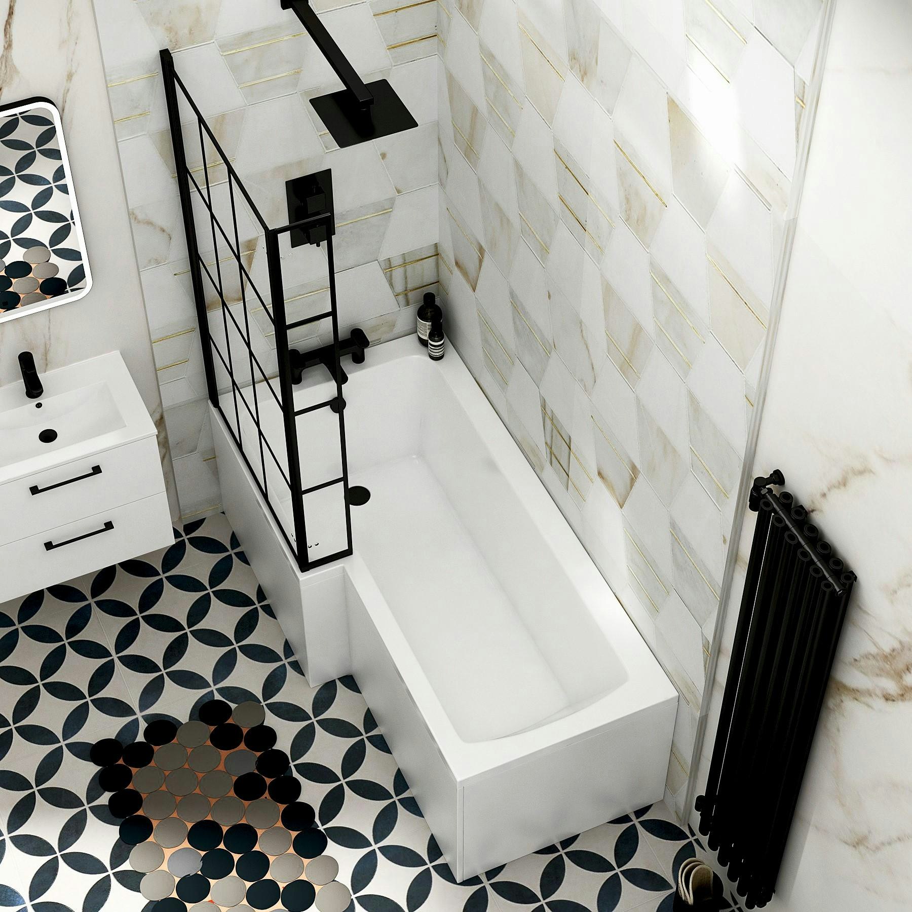 Qubix LShaped Shower Bath tub with Grid Black Framed Screen In Multiple Sizes Optional Panel