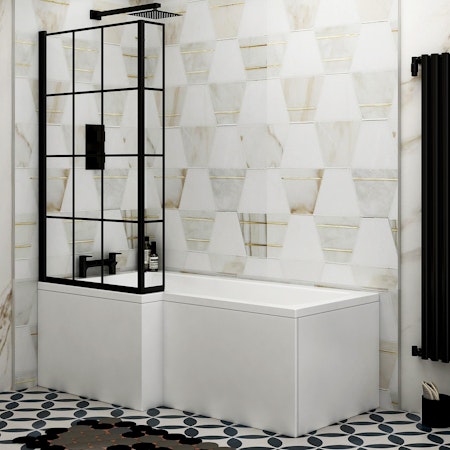Qubix 1700 x 850mm Left Hand L Shaped Shower Bath tub with Front, End Panel & Black Framed Shower Screen