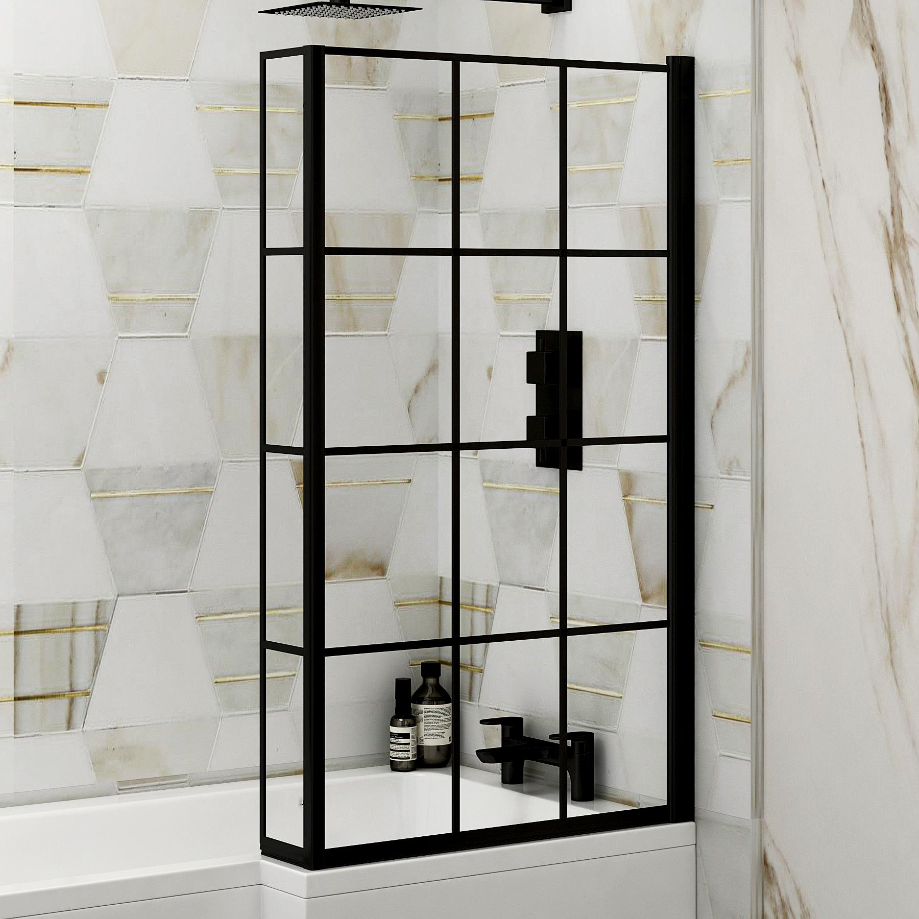 Qubix 1500/1600/1700mm Left Hand L-Shaped Shower Bath tub with Black Framed Shower Screen, Front & End Panel