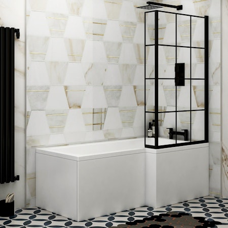 Modern Qubix L-Shaped Shower Bath tub with Grid Matt Black Framed Screen In Multiple Bath Sizes