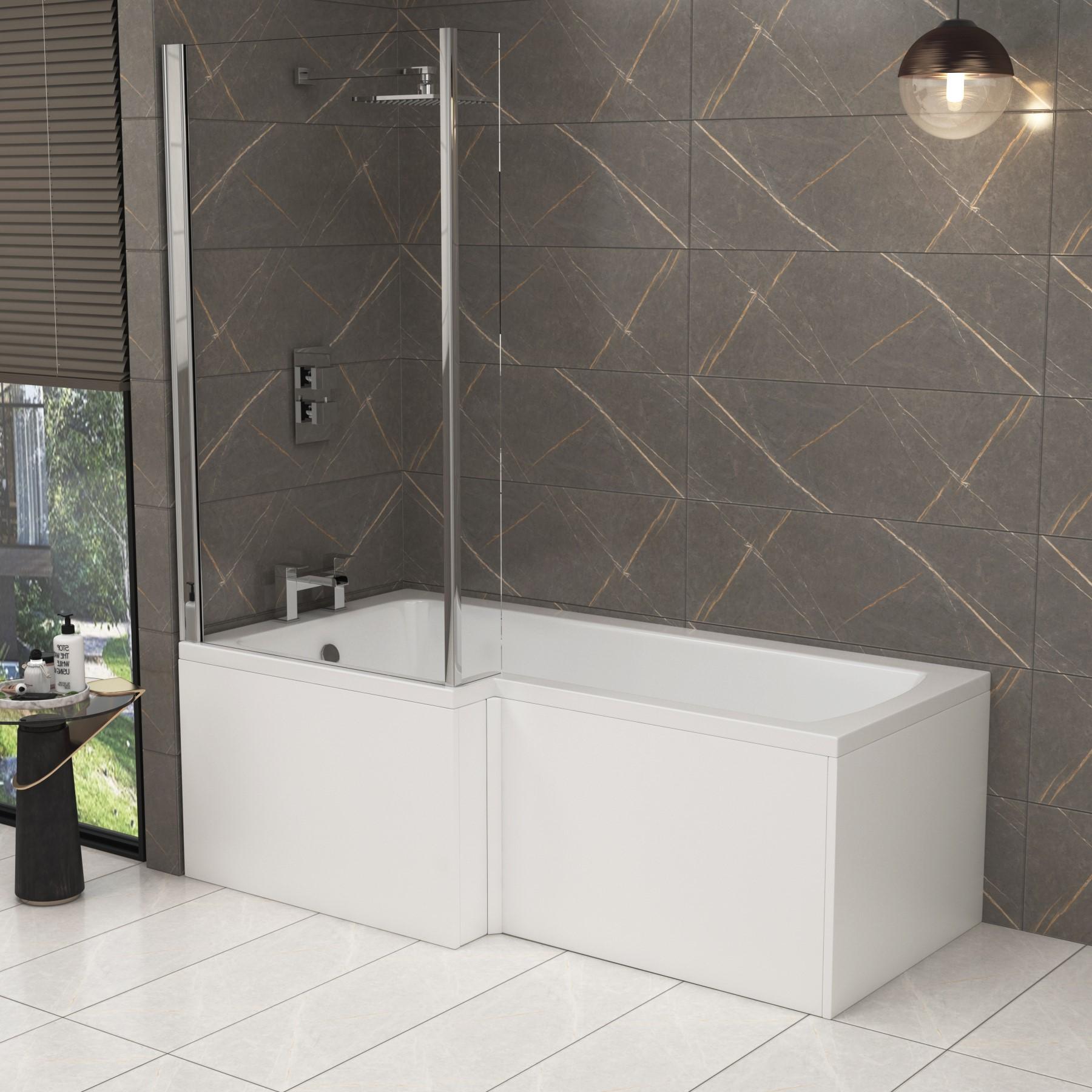 Modern Qubix L Shaped Shower Bath tub with with Fixed Screen In Multiple Sizes Optional Panel