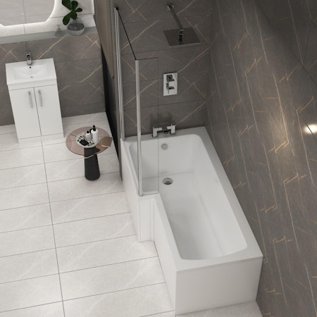 Qubix 1700 x 850mm Left Hand L Shaped Shower Bath tub with Front, End Panel & Shower Screen