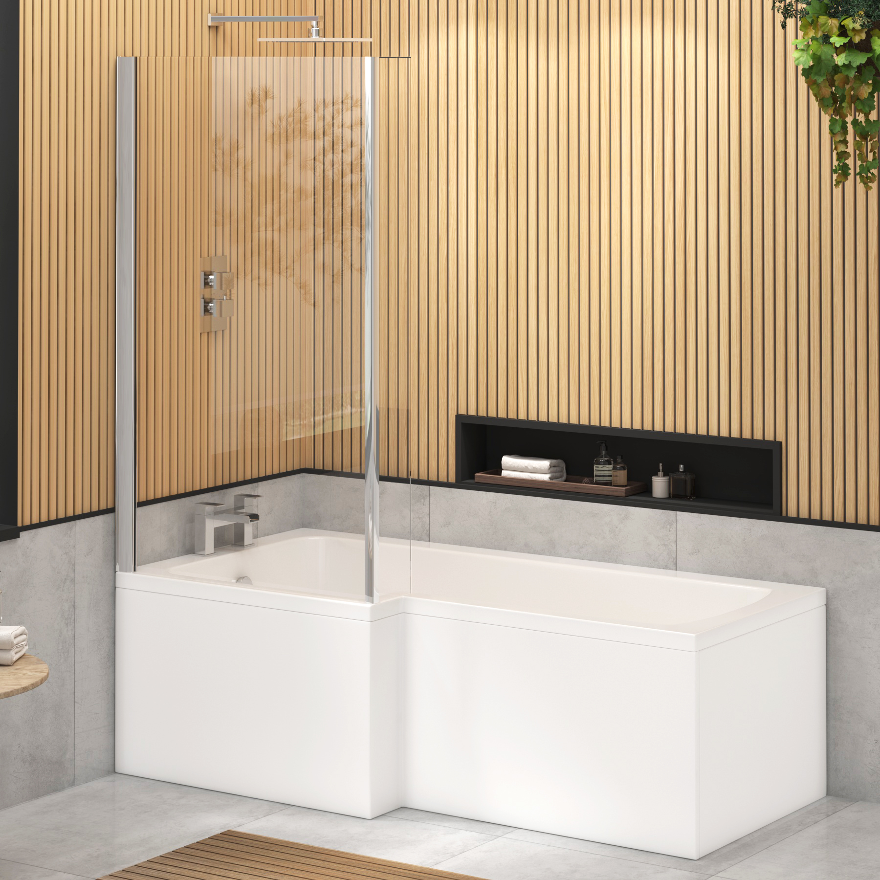 Qubix 1500/1600/1700mm Left Hand L-Shaped Shower Bath tub with Shower Screen, Front & End Panel ...