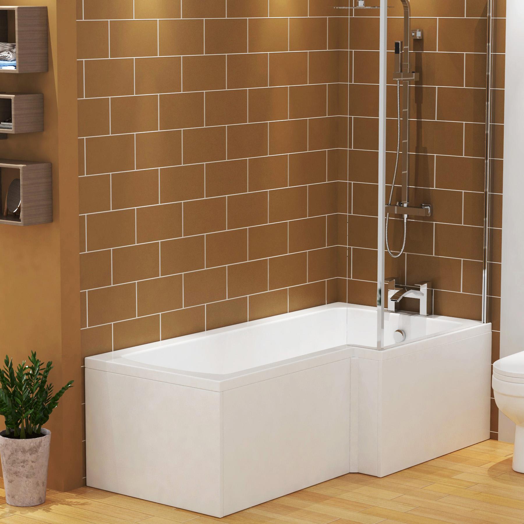 Qubix 1500 x 850mm Right Hand L Shaped Shower Bath tub with Screen & MDF Front Bath Panel