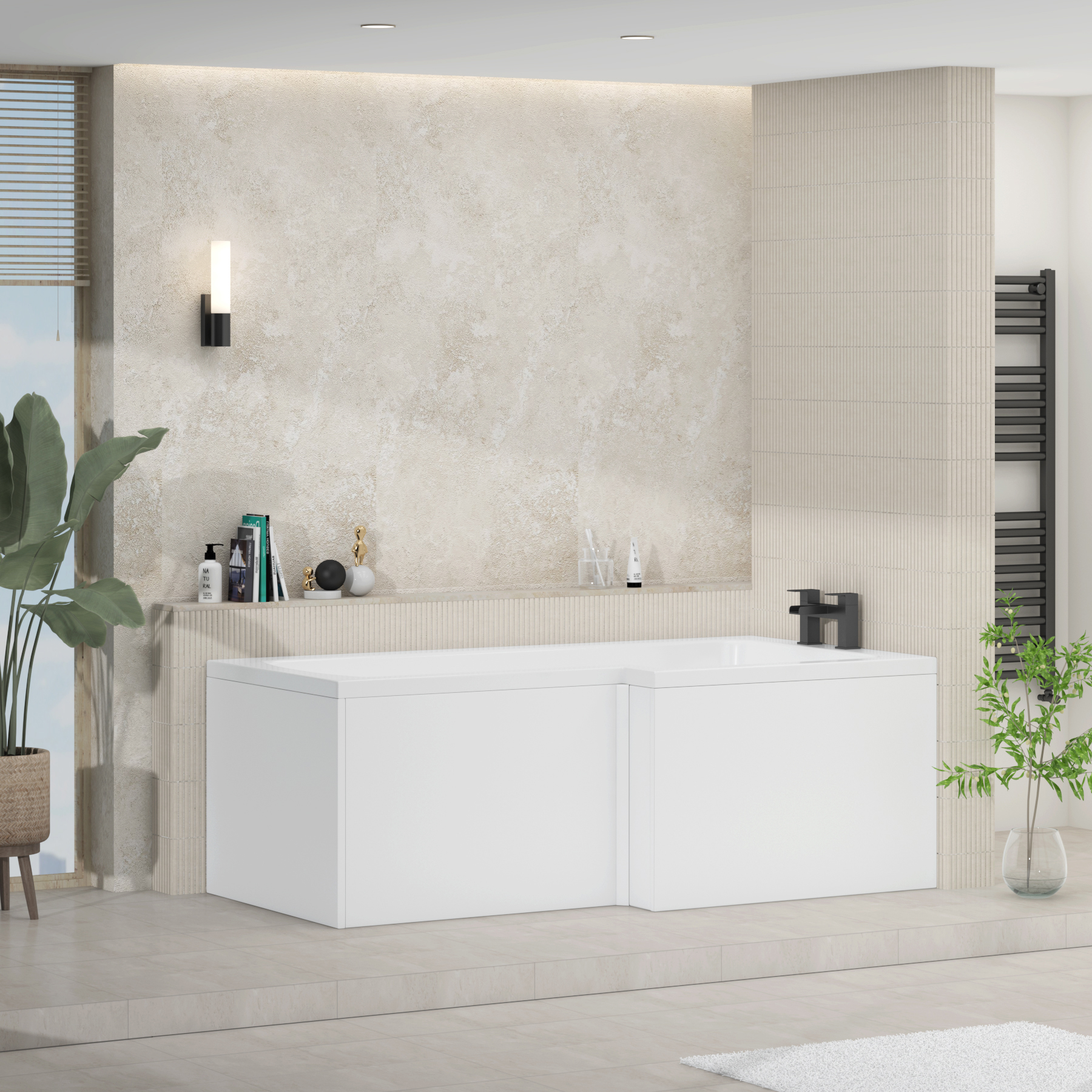 Qubix 1500 x 850mm Right Hand L-Shaped Shower Bath tub with Leg Set