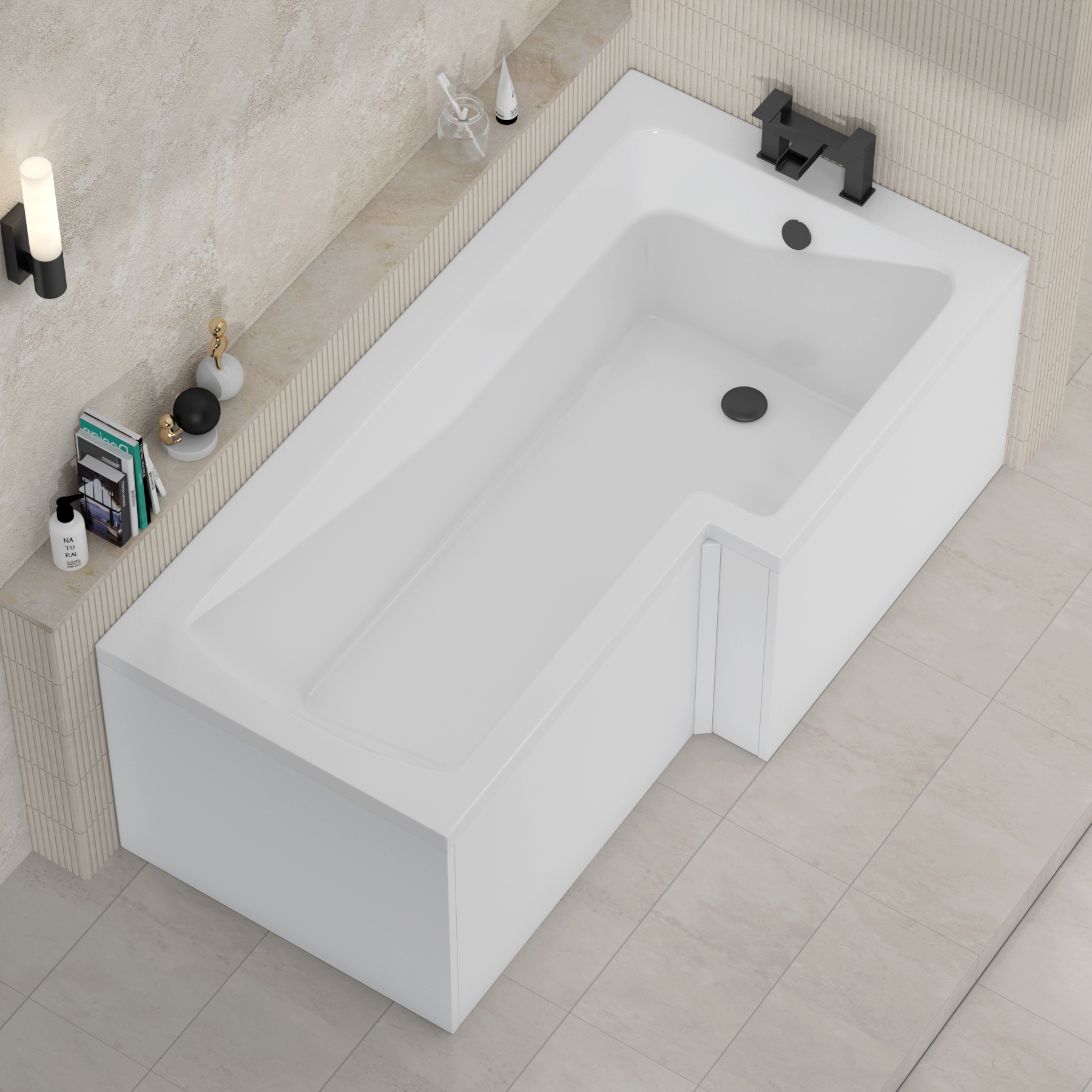 Qubix 1500 x 850mm Right Hand L-Shaped Shower Bath tub with Leg Set