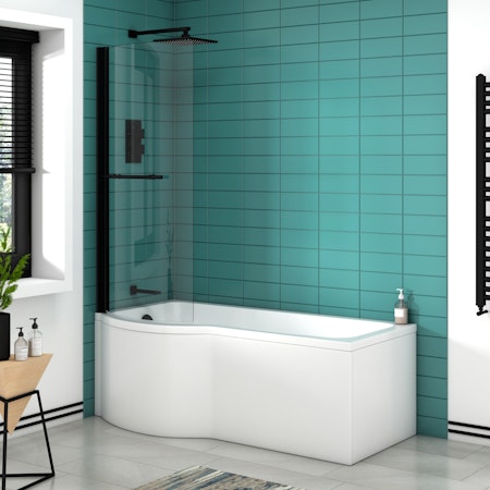 Abacus Curved P-Shaped Shower Bath tub & Matt Black Screen with Towel Rail - Optional Panels