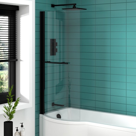 Abacus Curved P-Shaped Matt Black Shower Bath Screen with Towel Rail - 6mm