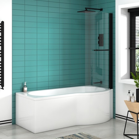 Abacus 1700 x 850mm Left Hand Curved P-Shaped Shower Bath tub with Front Panel & Shower Screen with Towel Rail