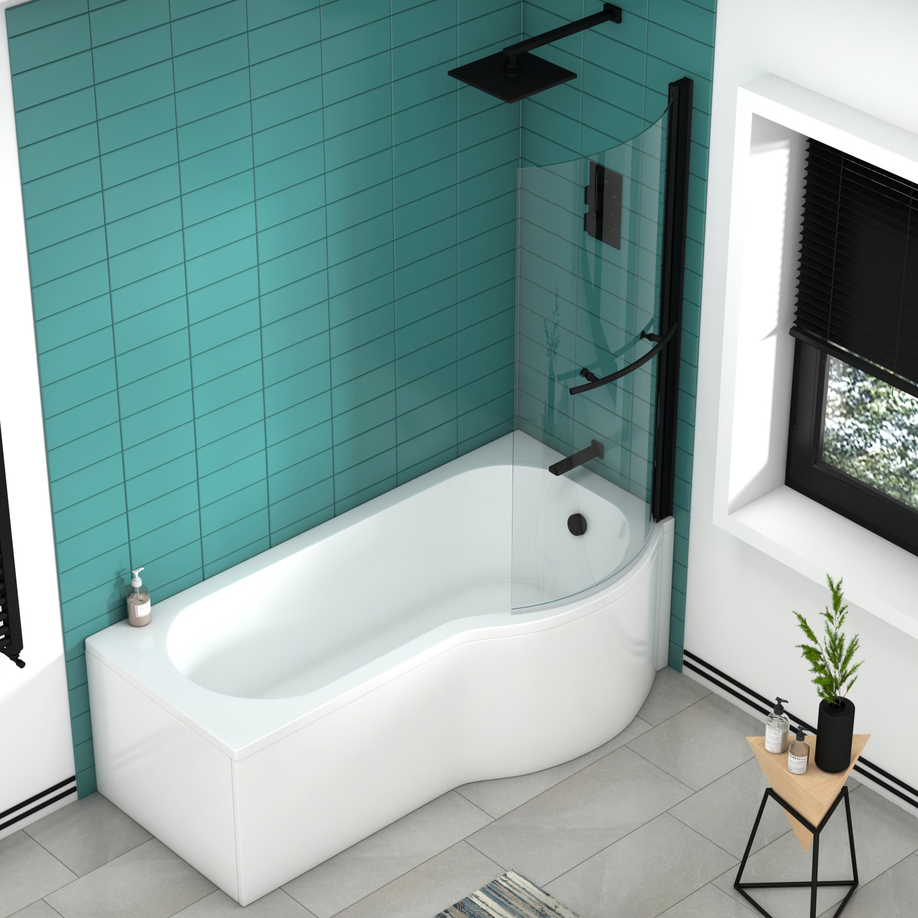 1500/1600/1700mm Left Hand Curved P-Shaped Shower Bath tub & Shower Bath Screen with Towel Rail