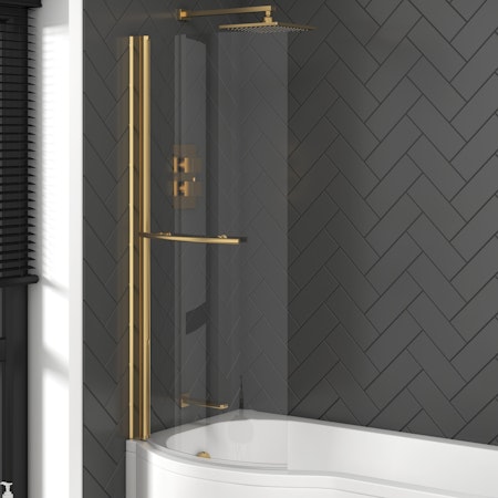 Abacus Curved P-Shaped Brushed Brass Shower Bath Screen with Towel Rail - 6mm