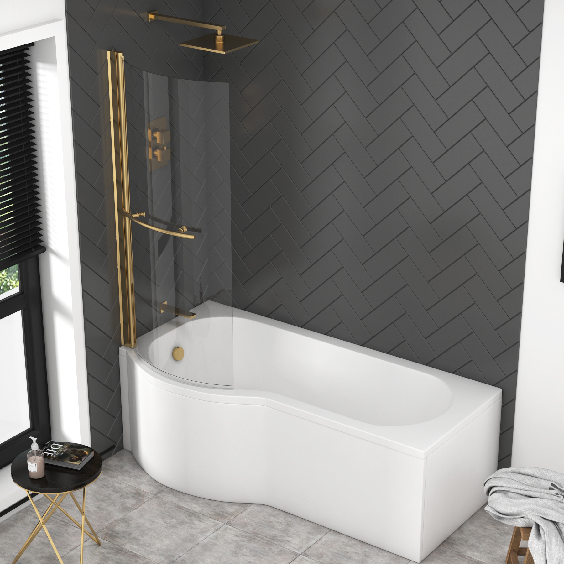 Elva 1500/1600/1700mm Curved P-Shaped Shower Bath tub with Brushed Brass Screen