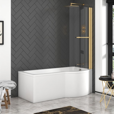 Abacus Curved P-Shaped Shower Bath tub & Brushed Brass Screen with Towel Rail - Optional Panels