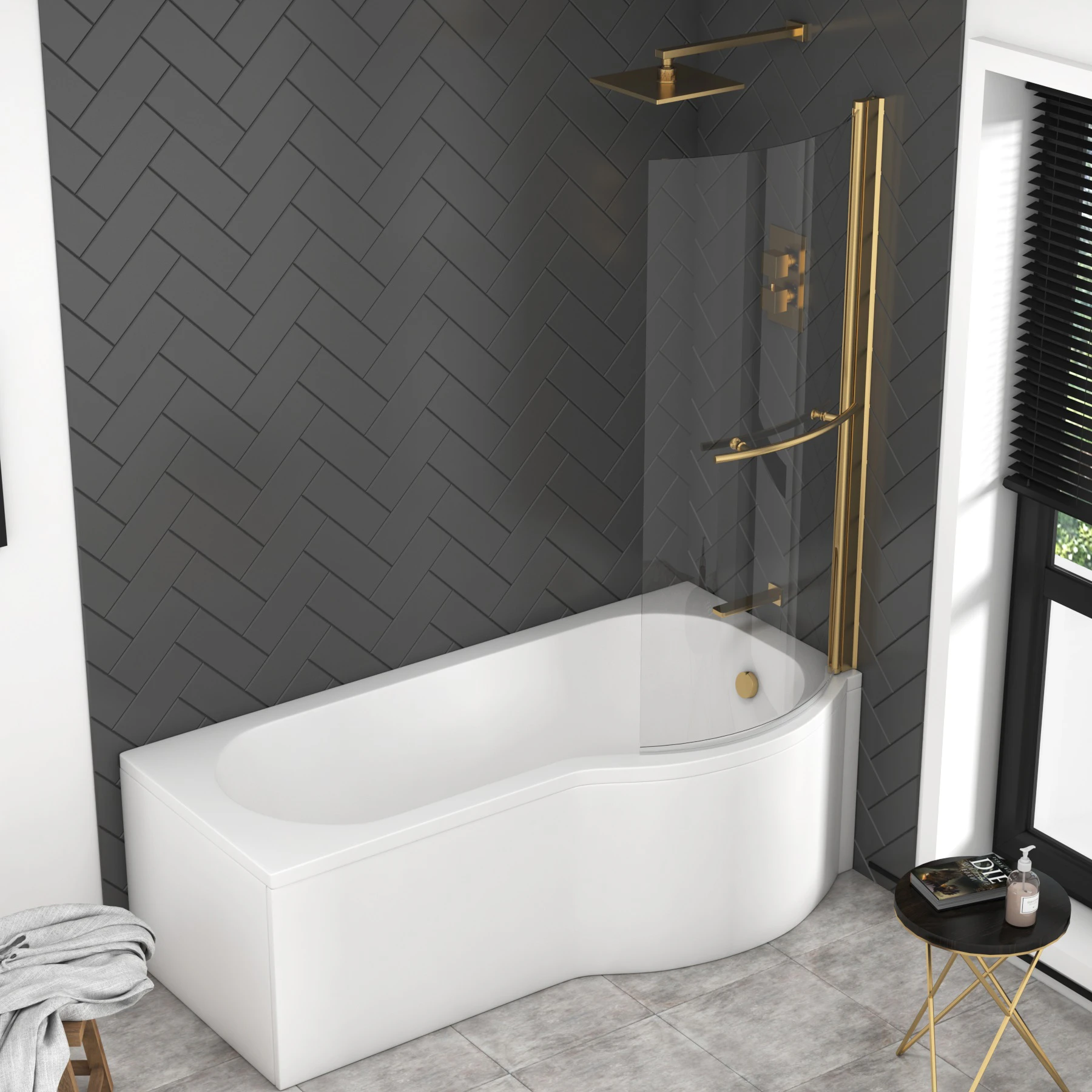 Rounded Shower Elva 1600 x 850mm Right Hand Curved P-Shaped Shower Bath tub with Front ...