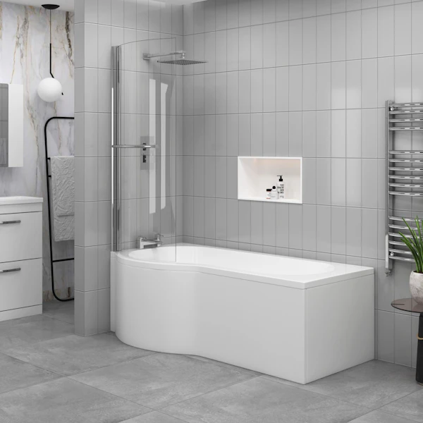 Abacus Curved P-Shaped Shower Bath tub & Shower Screen with Towel Rail in Multiple Bath Sizes