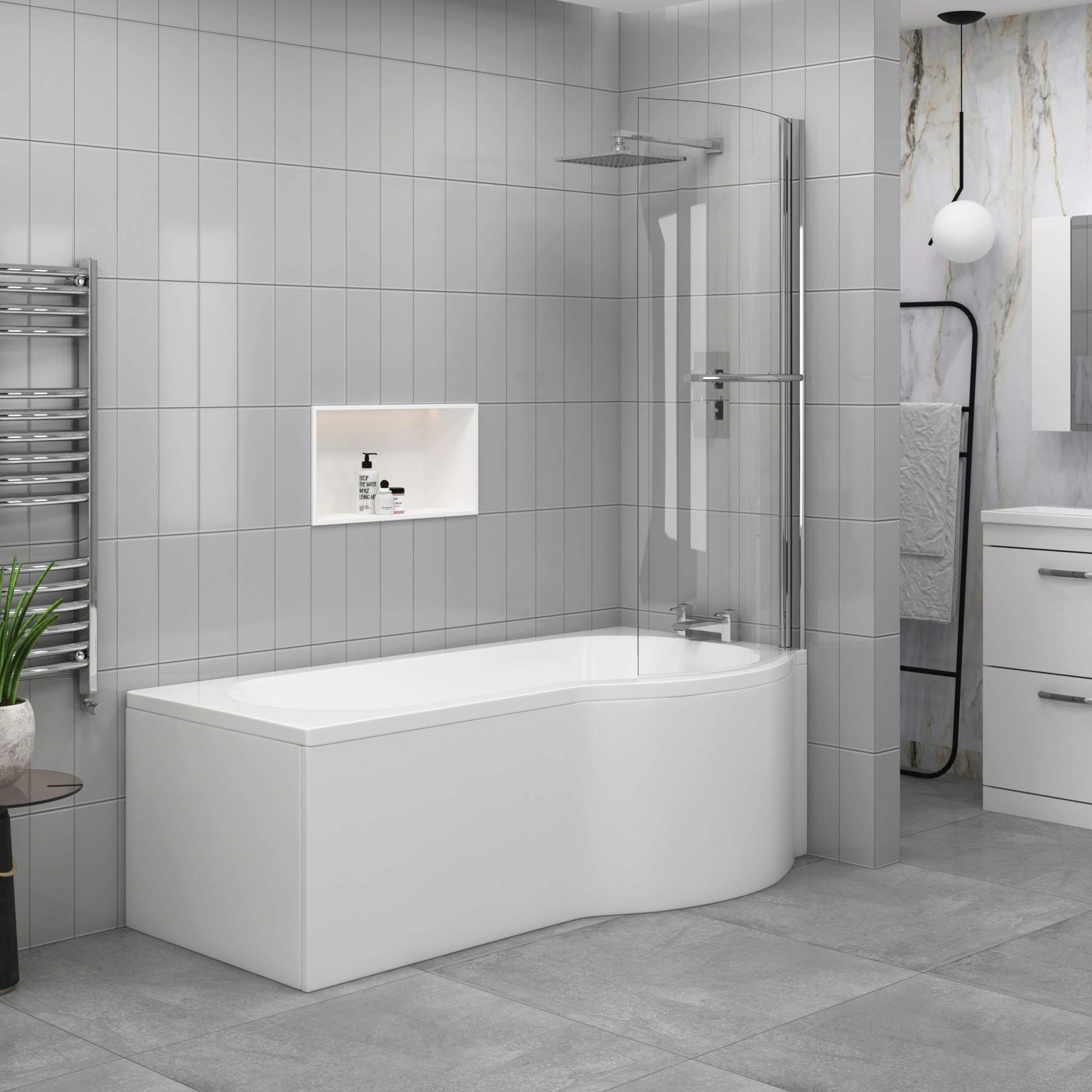 Abacus 1500 x 850mm Right Hand Curved PShaped Shower Bath tub & Shower