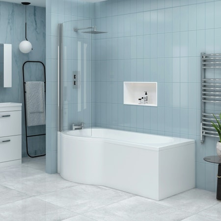 Abacus 1700 x 850mm Left Hand Curved P-Shaped Bath tub with Front Panel & Shower Screen