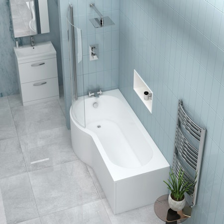 Abacus 1600 x 850mm Left Hand Curved P-Shaped Bath tub & Shower Screen with Knob