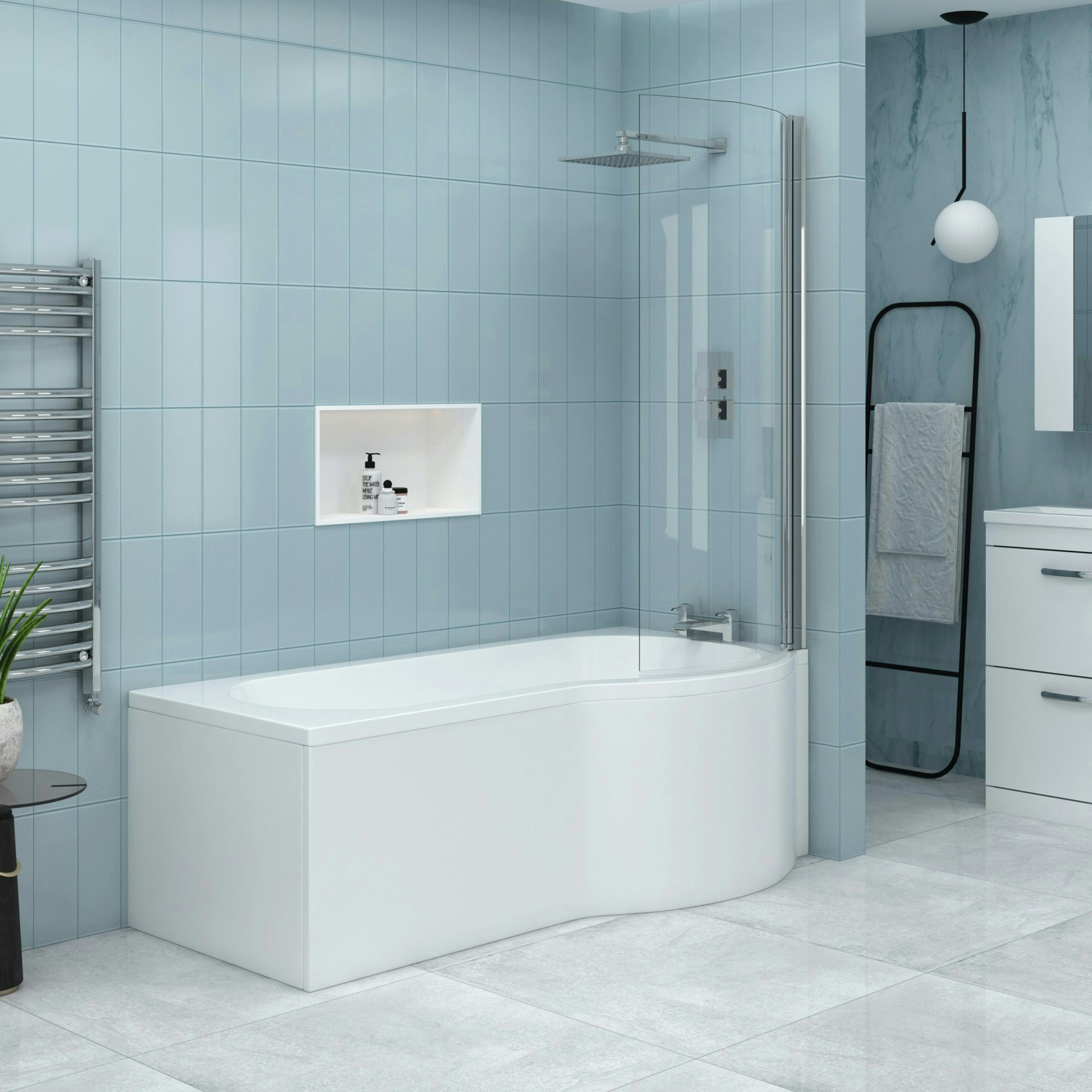 Abacus 1700 x 850mm Right Hand Curved PShaped Bath tub & Shower Screen with Knob Royal Bathrooms