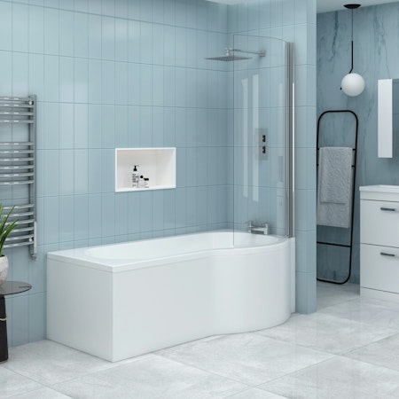 Abacus Curved P-Shaped Shower Bath tub & Shower Screen with Knob in Multiple Bath Sizes