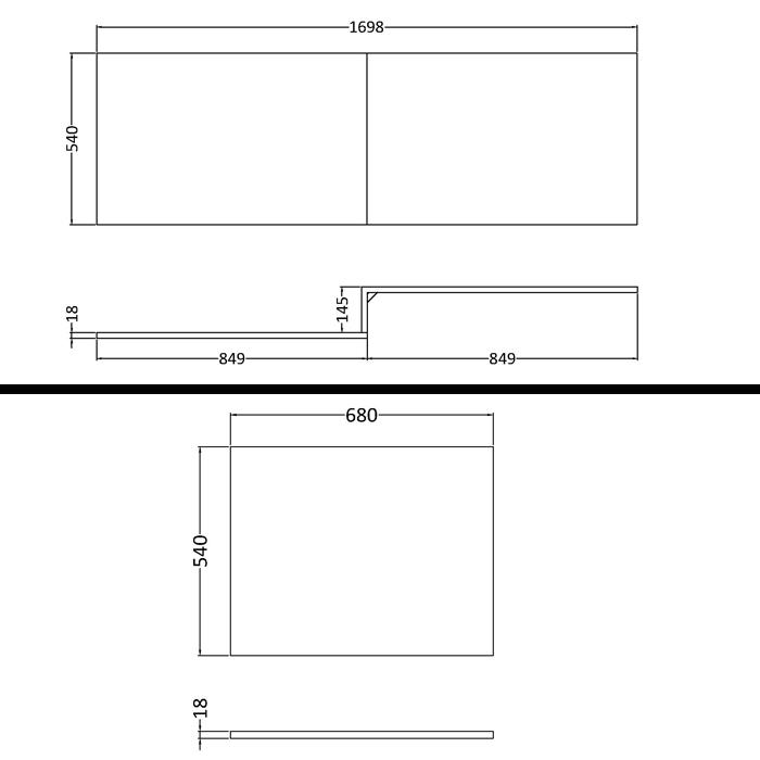 Qubix 1700 x 850mm Right Hand L Shaped Shower Bath tub with MDf Front, End Panel & Shower Screen