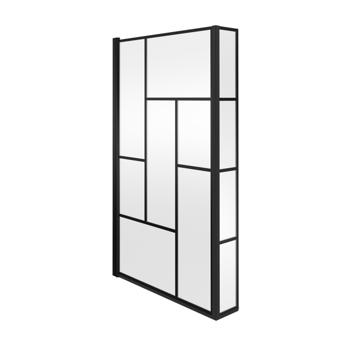 Qubix L-Shaped Shower Bath tub with Abstract Grid Black Framed Screen In Multiple Sizes - Optional Panel