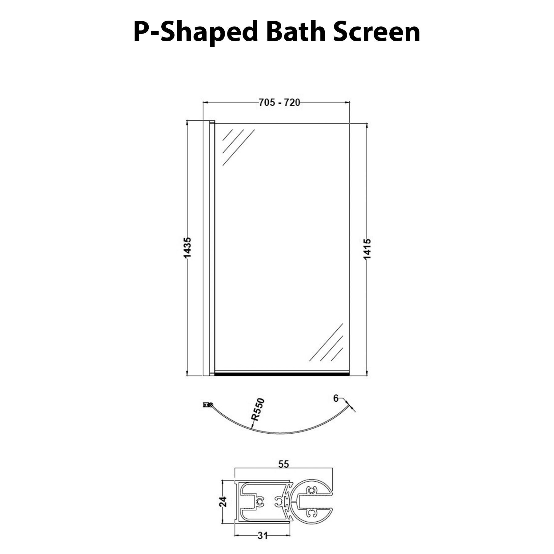Elva 1700 x 850mm Left Hand Curved P-Shaped Bath tub with Front Panel & Shower Screen