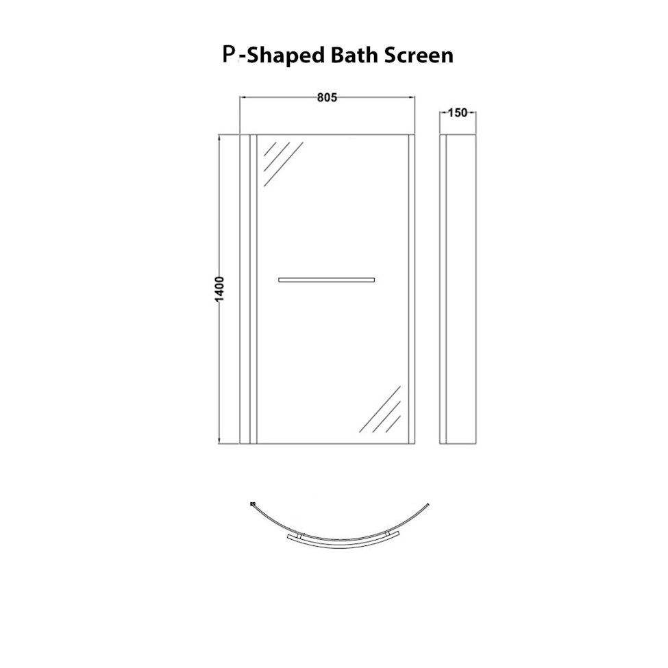 Elva 1700 x 850mm Right Hand Curved P-Shaped Shower Bath tub with Front ...