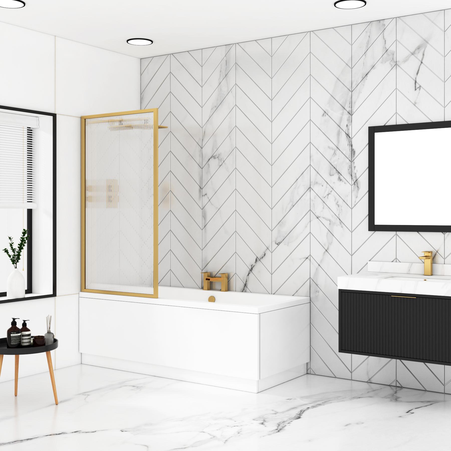 Amaze Square Double Ended Shower Bath 1700 x 750mm with Brushed Brass Framed Fluted Screen