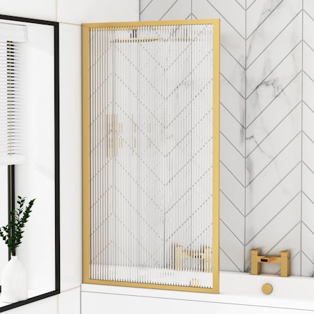 Modern 1400mm Straight Shower Bath Fixed Fluted Screen with Brushed Brass Framed
