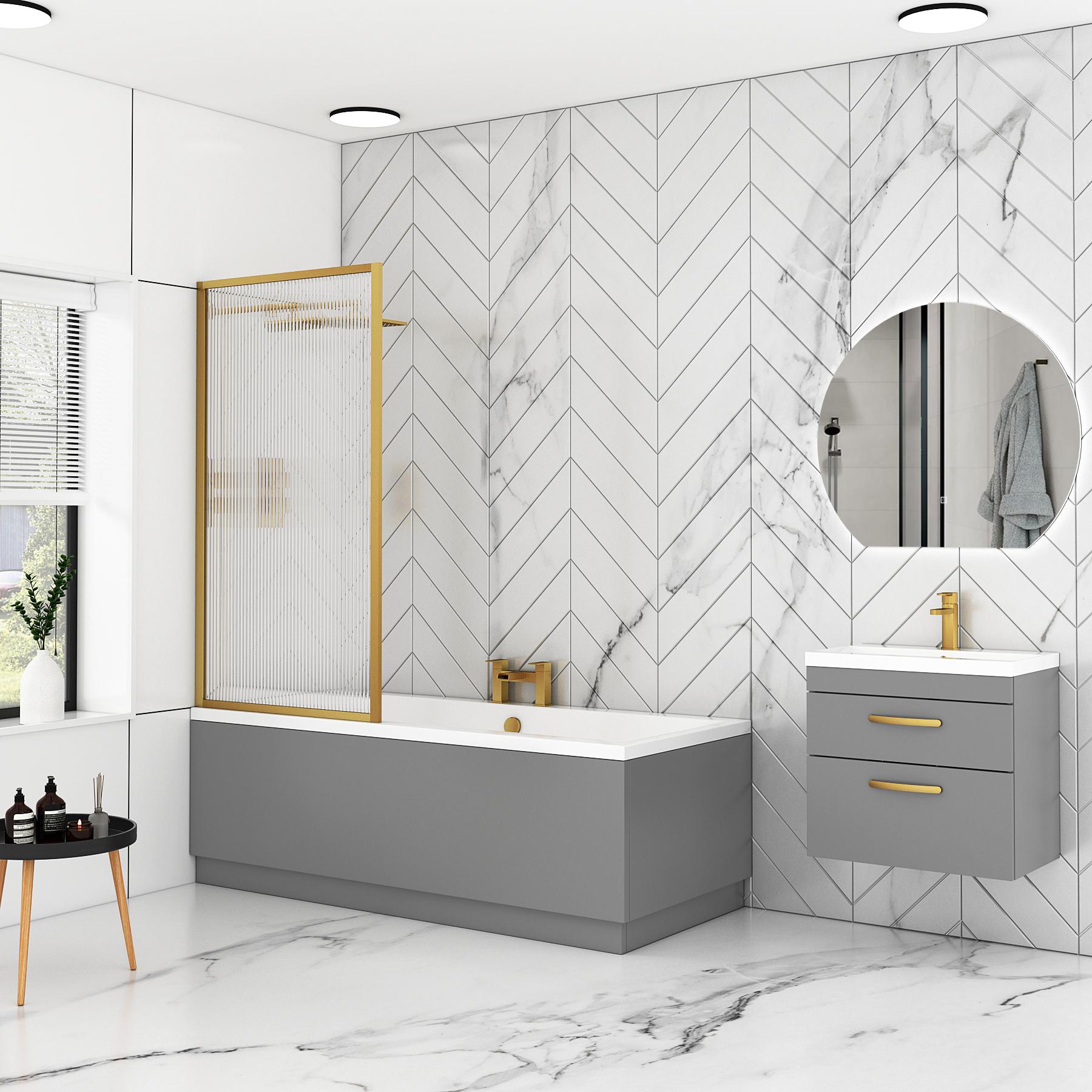Amaze Square Double-Ended Acrylic Bath Tub with Fluted Screen & MDF Grey Gloss Panel