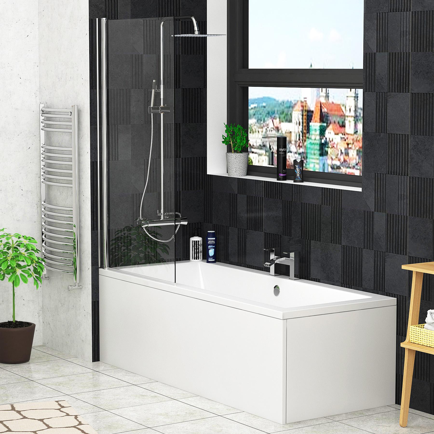 Amaze Acrylic Square Double Ended Shower Bath 1700 x 700mm + Square Shower Bath Screen & Panels