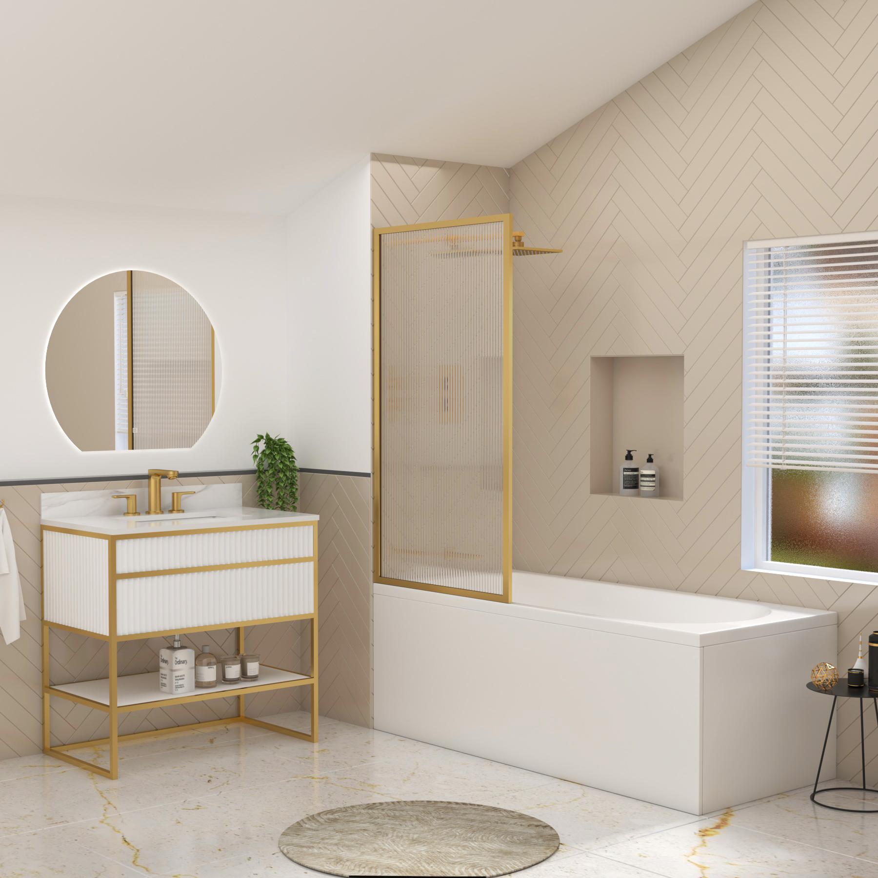 Breeze Round Single Ended Shower Bath 1500 x 700mm with Brushed Brass Framed Fluted Screen