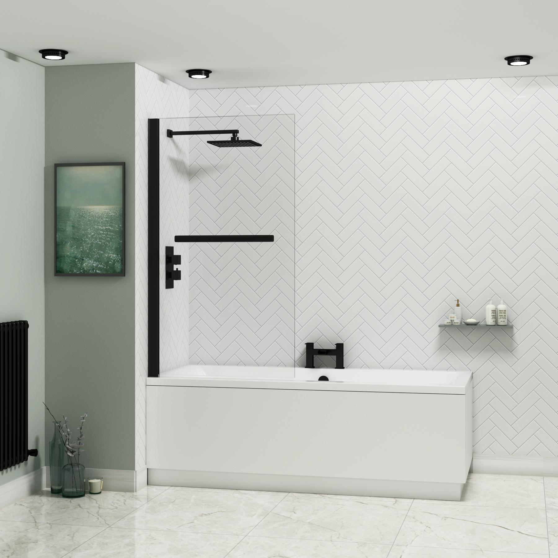 Amaze Square Double Ended Shower Bath 1700 x 700mm with Black Wall Profile Screen and Rail