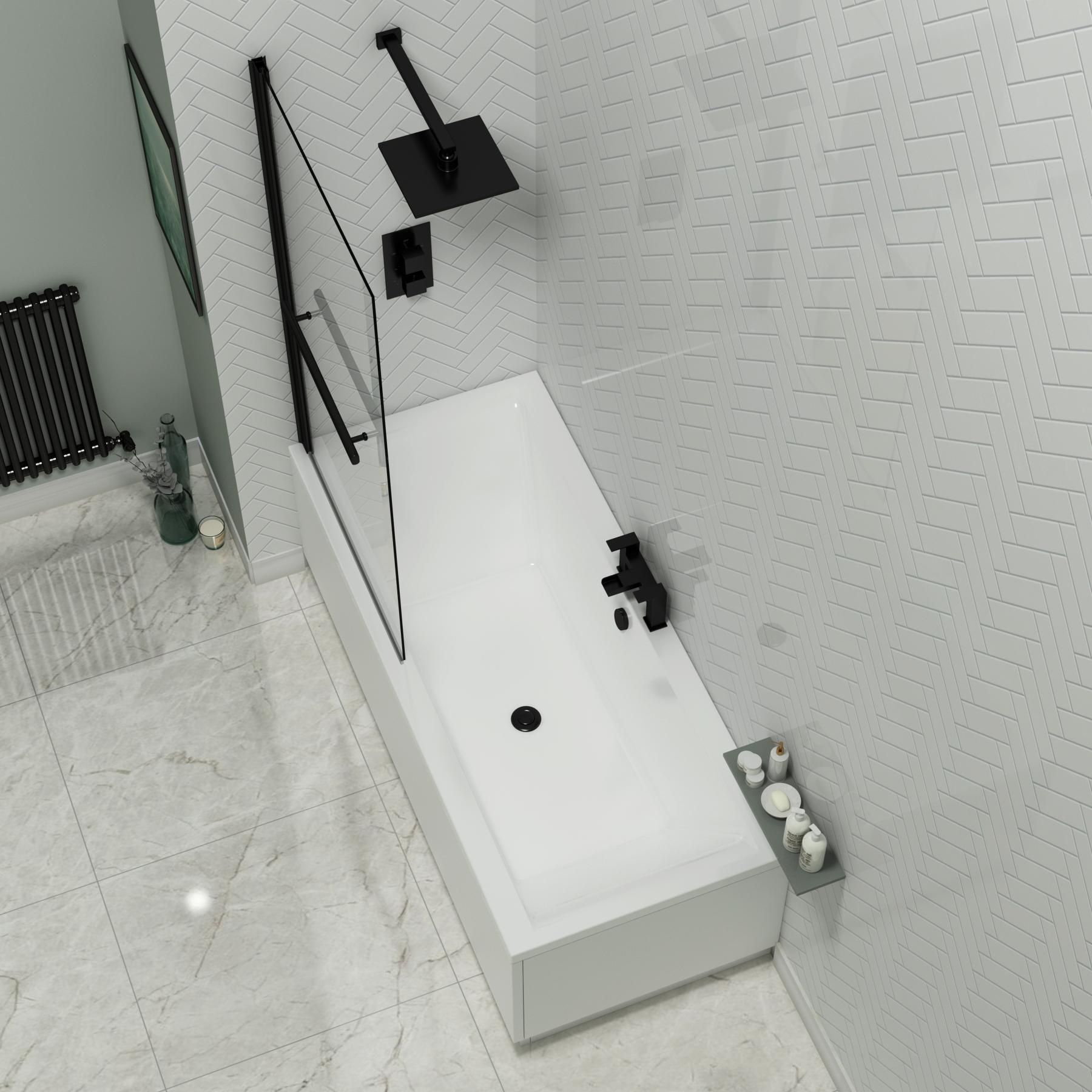 Amaze Square Double Ended Shower Bath 1700 x 700mm with Black Wall Profile Screen and Rail