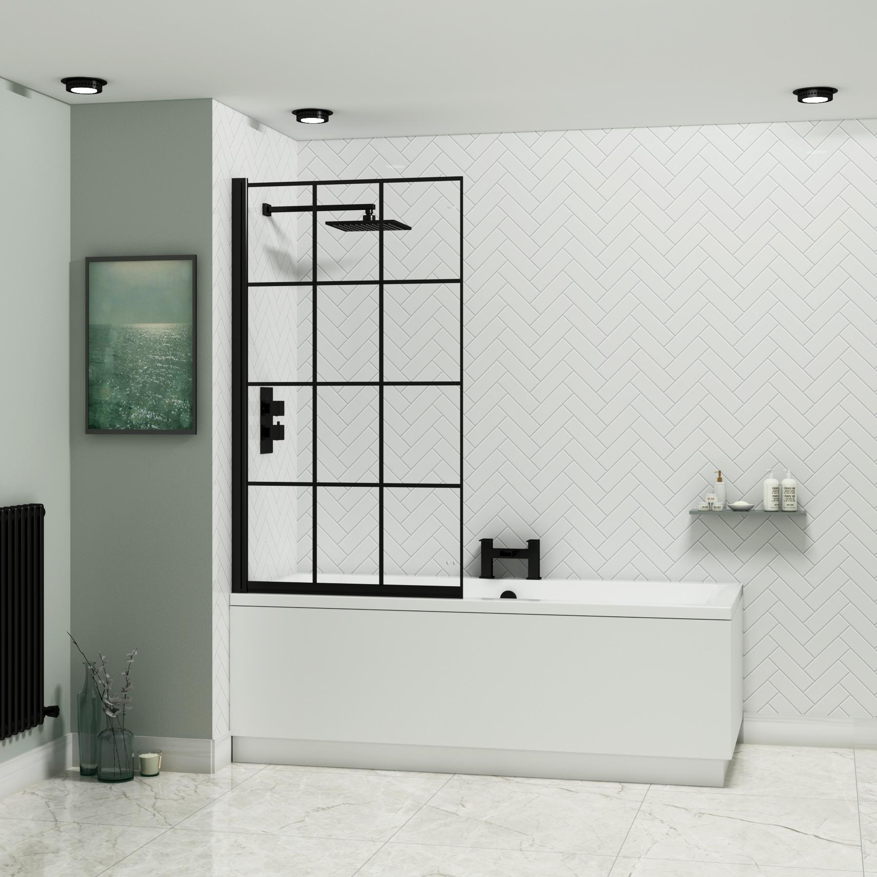 Amaze Square Double Ended Shower Bath 1700 x 700mm with Black Square Grid Screen