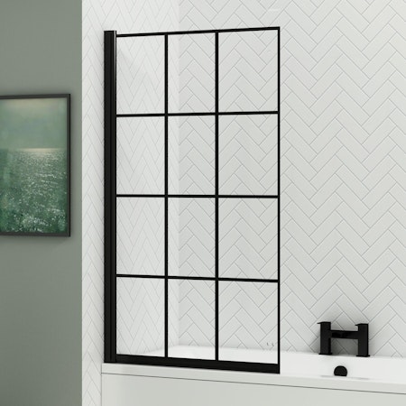 Grid 1400mm Straight Shower Bath Matt Black Framed Hinged Screen with 5mm Glass