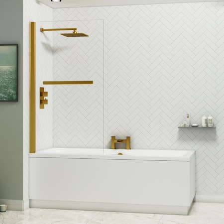 Amaze Square Double-Ended Acrylic Bath Tub with Brushed Brass Wall Profile Screen and Rail - Various Sizes