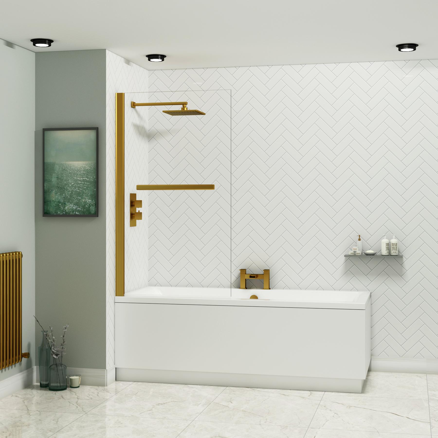Amaze Square Double-Ended Acrylic Bath Tub with Brushed Brass Wall Profile Screen and Rail - Various Sizes