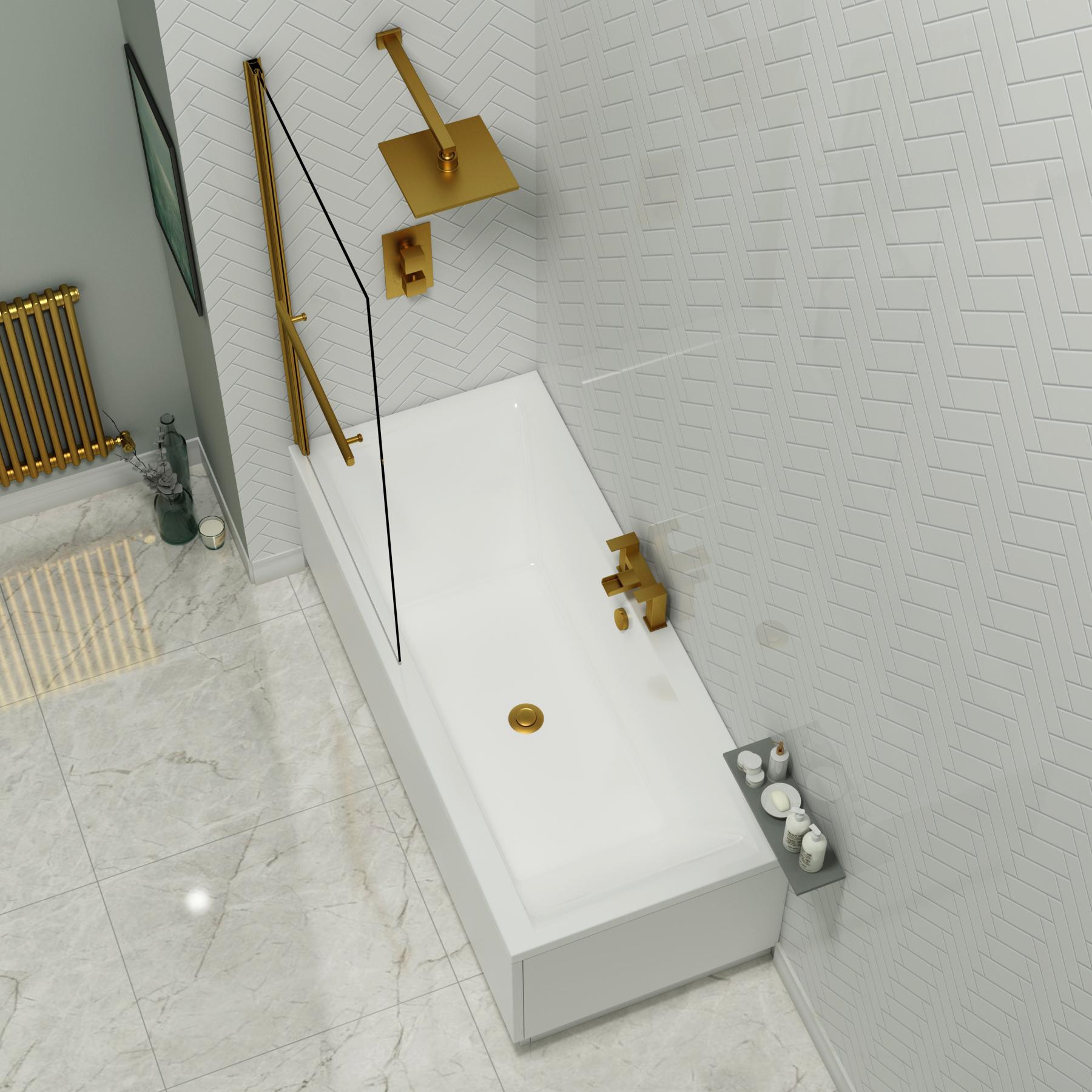 Amaze Square Double-Ended Acrylic Bath Tub with Brushed Brass Wall Profile Screen and Rail - Various Sizes