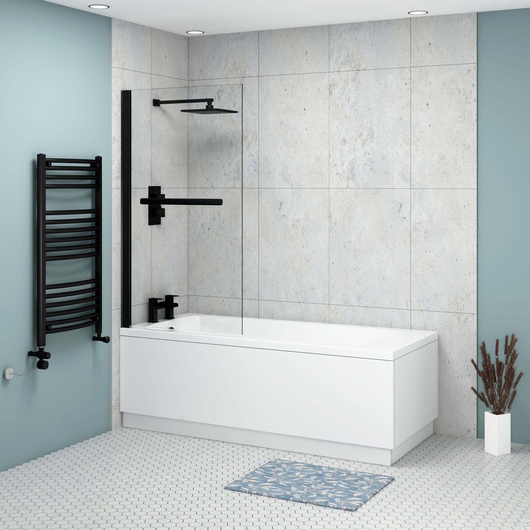 Breeze Round Single-Ended Acrylic Bath Tub with Black Wall Profile Screen and Rail - Various Sizes