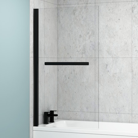Modern 1400mm Straight Shower Bath Hinged Screen With Black Wall Profile And Rail