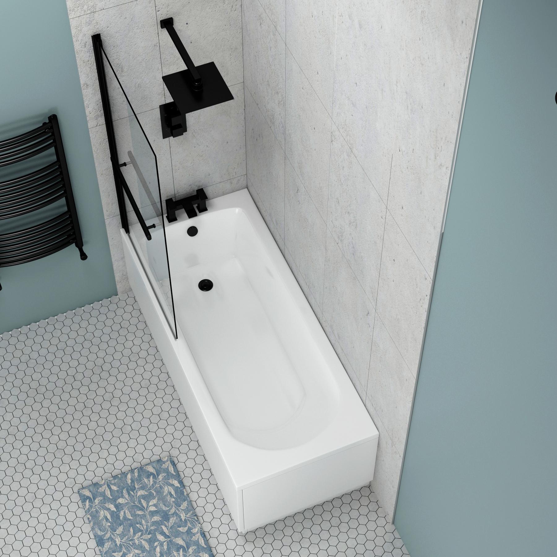 Breeze Round Single-Ended Acrylic Bath Tub with Black Wall Profile Screen and Rail - Various Sizes