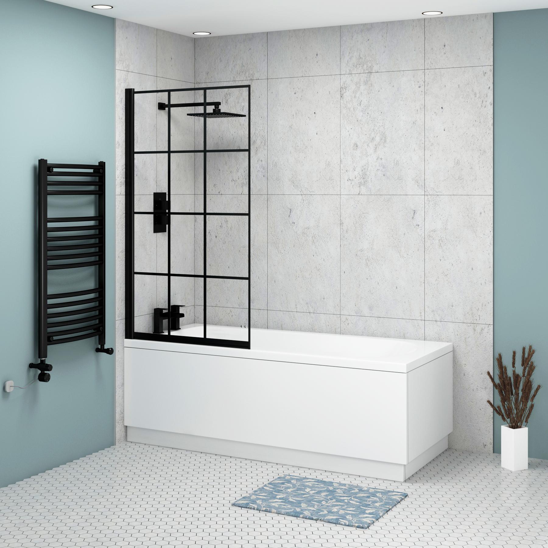 Breeze Round Single Ended Shower Bath 1500 x 700mm with Black Square Grid Screen